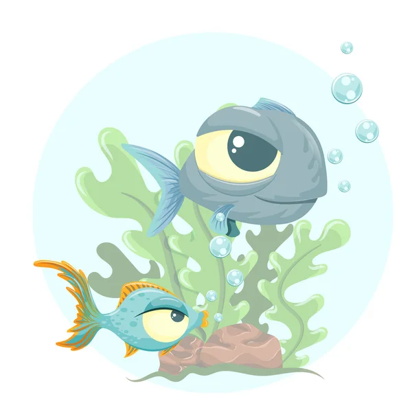 Desenhos Animados Subaquáticos Ilustração Com Peixes Algas Isolado Sobre Fundo —  Vetores de Stock