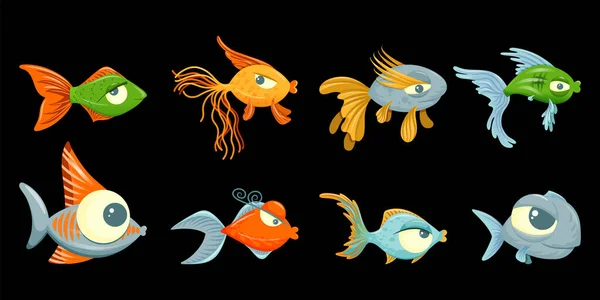 Cute Cartoon Colorful Fish Set Isolated Black Background - Stok Vektor