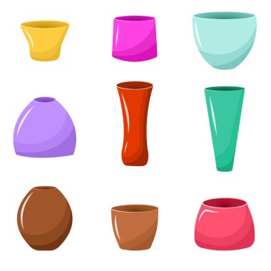 Renkli saksı seti. Beyaz arka planda izole edilmiş. Düz Çizim