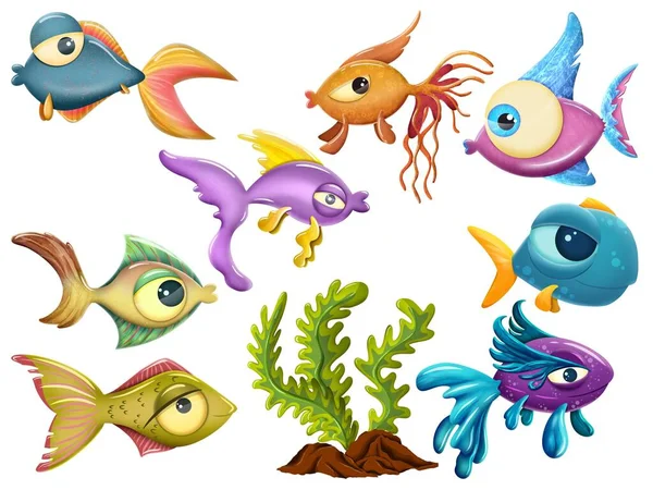 Cute Cartoon Colorful Fish Set Isolated White Background —  Fotos de Stock