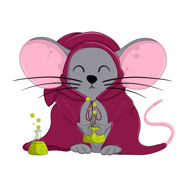 Cartone Animato Halloween Mouse Magico Con Pozione Isolato Sfondo Bianco — Vettoriale Stock