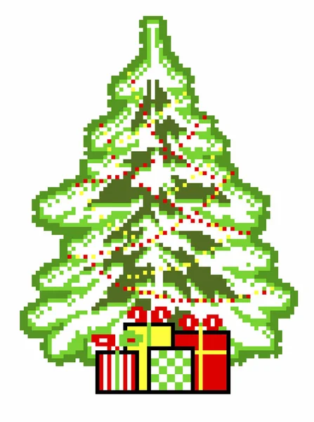 Creativo colorido brillante árbol de Navidad y regalos sobre un fondo blanco, pixel art —  Fotos de Stock