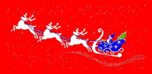 Άγιος Βασίλης σε έλκηθρο ταράνδων, pixel art, Χριστουγεννιάτικο κόκκινο πανό — Φωτογραφία Αρχείου