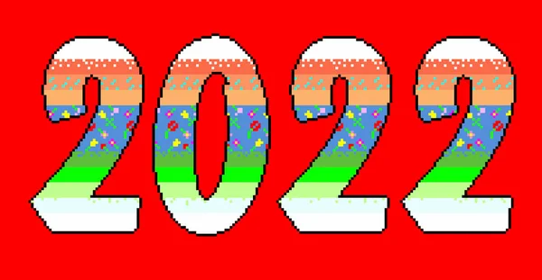 Boldog új évet 2022, színes számok azzal az ötlettel, változó évszakok. kertészek esetében pixel grafika az ünnepi dekorációhoz. Party plakát, üdvözlőlap, — Stock Fotó