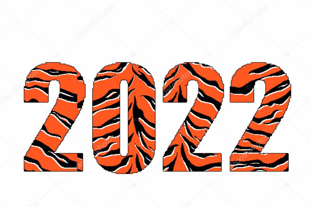 Happy New Year 2022, colorful numbers with tiger pattern. pixel art for holiday design. Party poster, Greeting card,