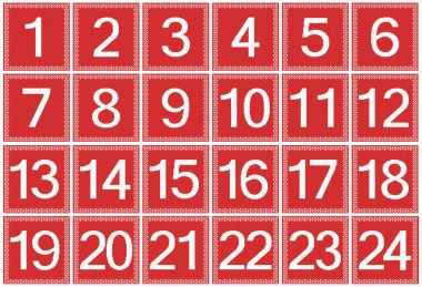 Noel Advent takviminin tasarımı, el örgüsü tarzında illüstrasyon. Kumaş ve kağıt üzerine baskı yapmak için kullanılır. Kızıl parlak kavramı.