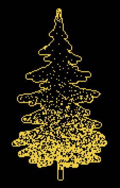 Altın Noel ağacı siyah bir arka planda. Piksel sanat