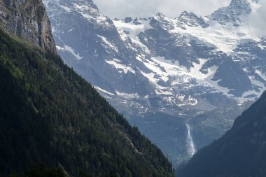 Stunning scenic view of snow mountain peaks of Alps in Switzerland. Beautiful Alps Mountain landscape, telephoto shot.
