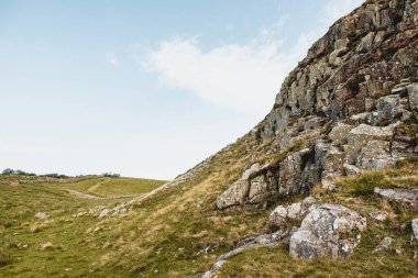 Northumberland İngiltere: 07-31-2020 Roma Duvarı yakınlarındaki İngiliz kırsal kayalıklarında güneşli bir yaz günü