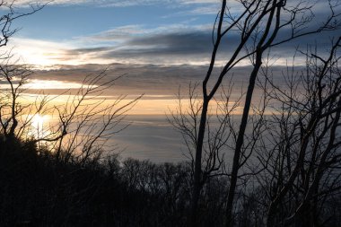 Bahar kıyı ormanının yapraksız dalları arasında, güzel bir deniz manzarası gün batımı renkli bir gökyüzünün altında bulutlar açılıyor..