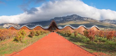Laguardia, İspanya. 14 Kasım 2021: İspanya 'nın La Rioja kentindeki ünlü şaraphanenin havadan görünüşü