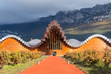 Laguardia, İspanya. 14 Kasım 2021: İspanya 'nın La Rioja kentindeki ünlü şaraphanenin manzarası