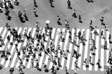 Tokyo, Japonya 'ya. 14 Ağustos 2018: Yayalar ünlü kalabalık Shibuya yaya geçidini geçiyor. 