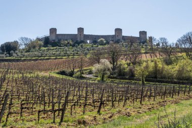 San Gimignano ortaçağ kasabasının sokak manzarası, İtalya