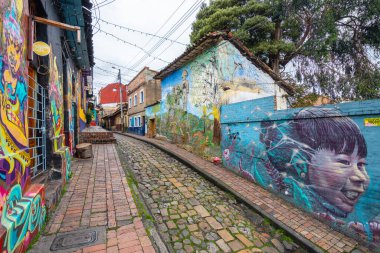 bogota, colombia. 6th august, 2022: colorful street of la candelaria district in bogota, colombia