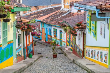 colorful street of guatape colonial town, colombia