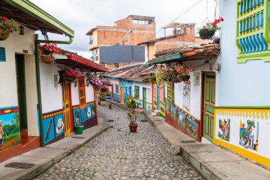 colorful street of guatape colonial town, colombia