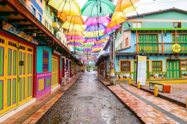 guatape, colombia. 19th august, 2022: colorful street of guatape colonial town, colombia