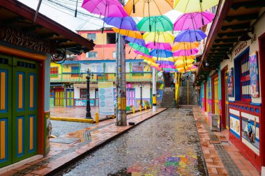 guatape, colombia. 19th august, 2022: colorful street of guatape colonial town, colombia
