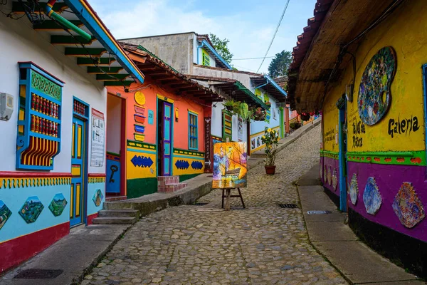 guatape, colombia. 19th august, 2022: colorful street of guatape colonial town, colombia