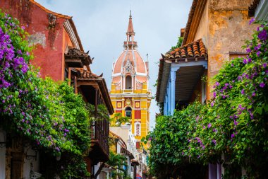 Kartagena de indias. 13 Ağustos 2022: Kolombiya 'nın eski Cartagena de Indias şehrinin renkli caddesi.