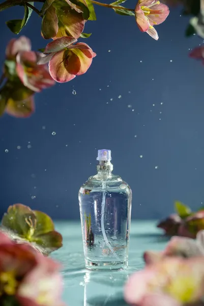 Parfum spray fles in water omgeven door roze bloemen — Stockfoto