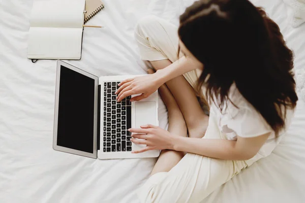 Top View Young Longhair Woman Using Laptop Bed Home Royalty Free Stock Photos