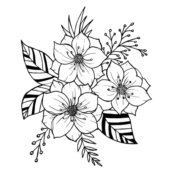 Bir Buket Çiçek Yaprak Dal Beyaz Zemin Üzerinde Doğrusal Sanat — Stok Vektör