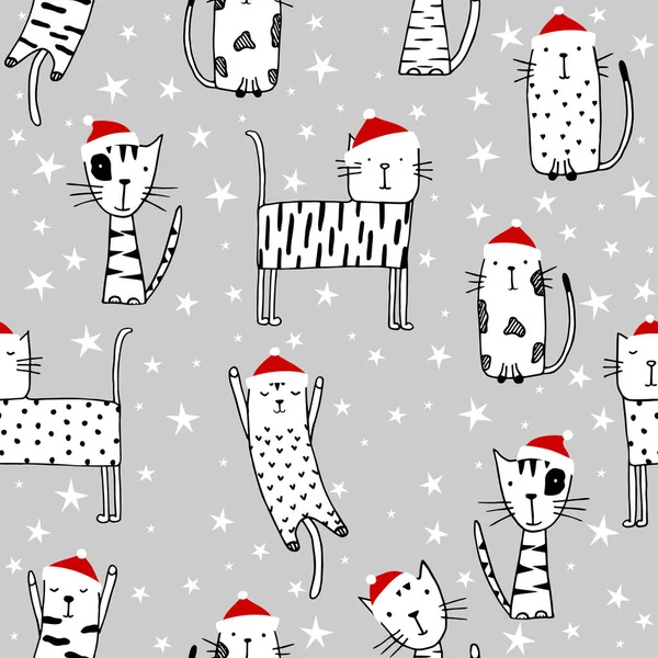 Christmas cute cats with red hat. Seamless christmas pattern