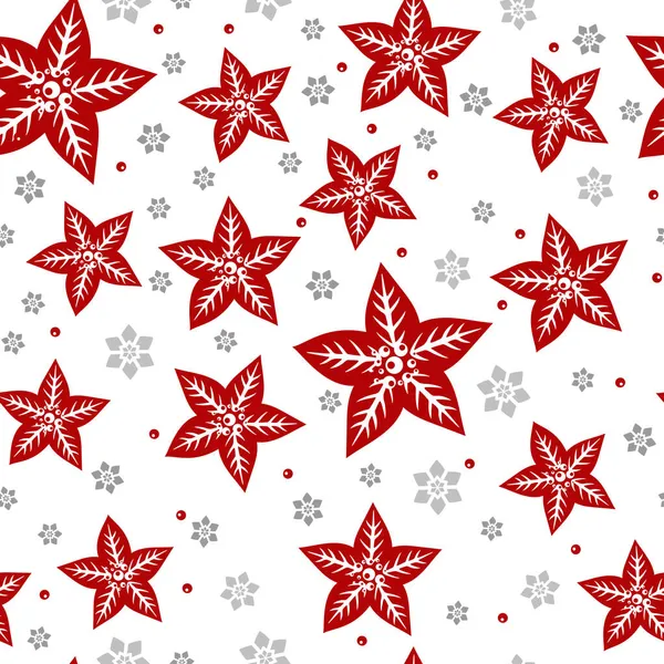 Vánoční Bezešvý Vzor Červenou Špičkou Vločkami Červenými Bobulemi — Stockový vektor