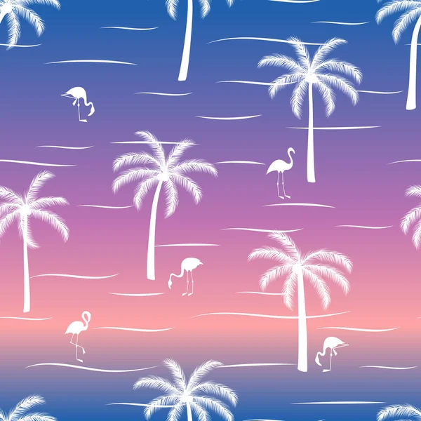 Palmer Och Flamingo Vid Solnedgången — Stock vektor