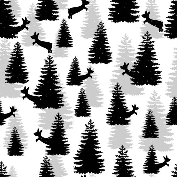 Hares Fairy Forest Rabbit Christmas Tree Seamless Pattern — Stock Vector