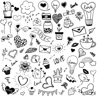 Set heart Icons, hand drawn icons and illustrations for valentines and wedding
