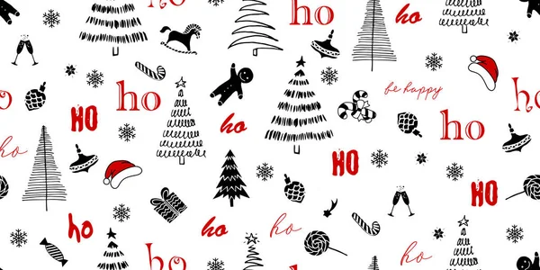 Xmas Seamless Pattern Text Christmas Trees Snowflakes Gifts Candies — Vetor de Stock
