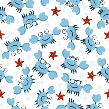 Seamless pattern with funny smiling crabs, stars and bubbles 