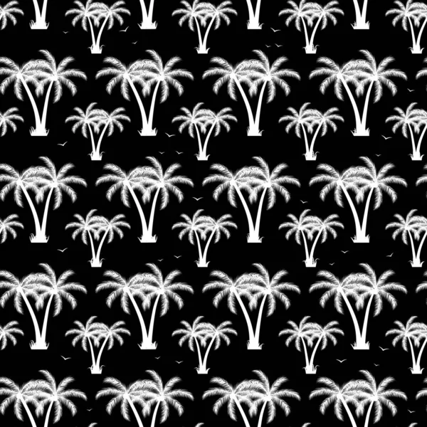Palm Trees Birds Black Background Exotic Seamless Pattern — Stockvektor