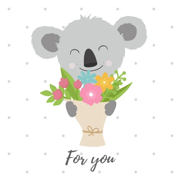 Hübscher Koala Mit Einem Strauß Blumen Für Dich — Stockvektor