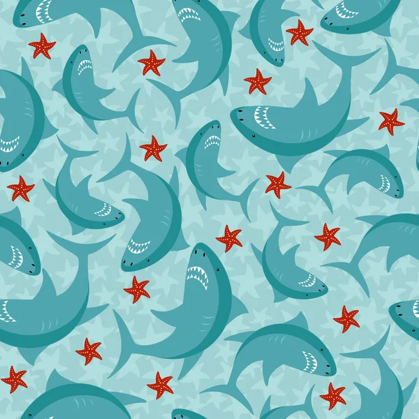 用海星手绘的矢量鲨鱼的涂鸦图解 无缝图案 — 图库矢量图片