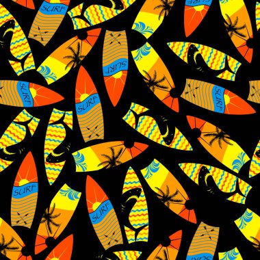 Sörf masası, köpekbalığı, dalga, tekstil ve parmak izleri olan kusursuz soyut yaz şablonu..