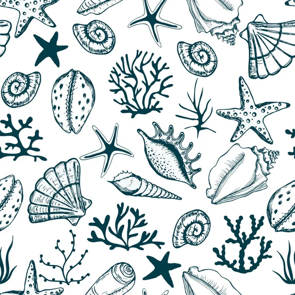Hand drawn sea shells, seaweed and stars seamless collection. For fabric, wallpaper, wrapping paper, textile, bedding, t-shirt print