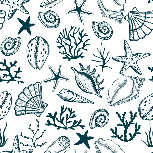 Hand Drawn Sea Shells Seaweed Stars Seamless Collection Fabric Wallpaper — Stock Vector