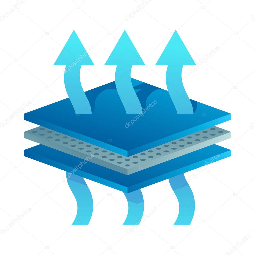 Breathable membrane - layered textile 3D icon - arrows which symbolizing airflow passing through fabric material surface - isolated vector monochrome emblem