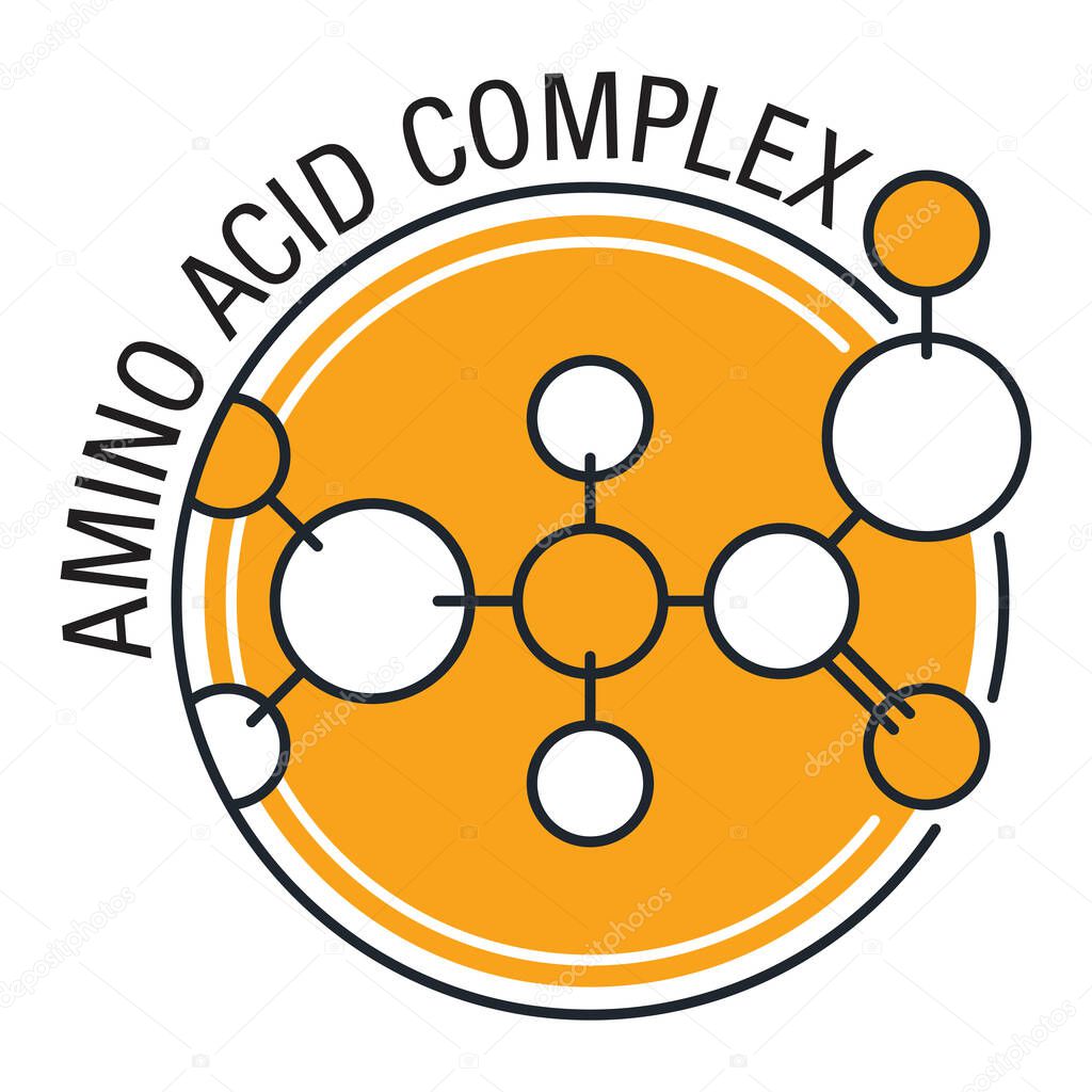 Amino acid complex flat icon - organic compounds monomers that make up proteins and used in food industry, condiment, bodybuilding supplement, animal feed. Vector illustration