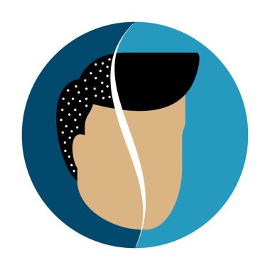 Anti-dandfurr formülü ikonu - yarısı kepek taneli ve yarısı şampuansız - şampuan kullandıktan sonra. Vektör illüstrasyonu