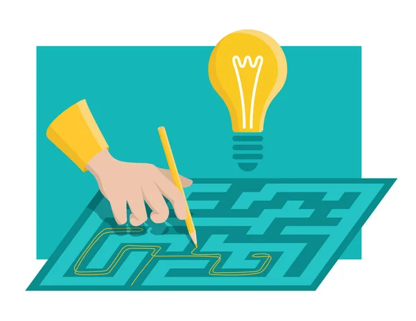 Business Solution Conceptual Design Hand Pencil Draws Path Maze Lamp — Stock Vector