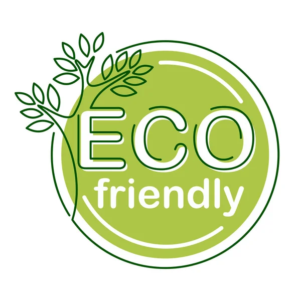 Eco friendly green sticker with tree in thin line — Vetor de Stock