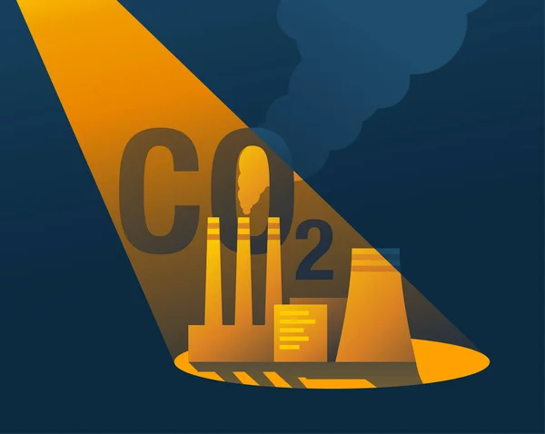 Co2カーボンフットプリントの世界的な問題 スポットライトで有害な排出物を持つ工場 — ストックベクタ