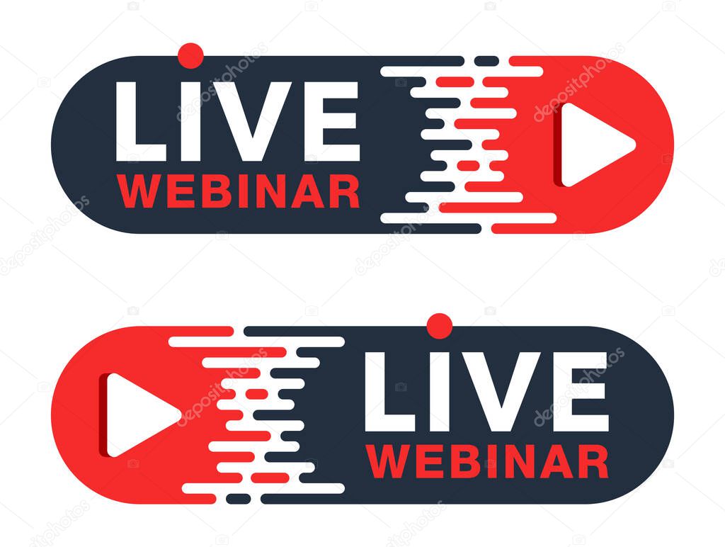 Live webinar red flat and decorative button or banner element - catchy dialog message box with Play button and text - isolated template