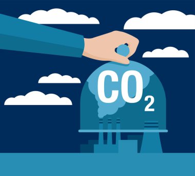 Karbon Yakalama Teknolojisi araştırması - net CO2 ayak izi geliştirme stratejisini nötralize ediyor. Metaforlu vektör illüstrasyonu - elinde kubbeli cam kap zararlı bulut yakalıyor