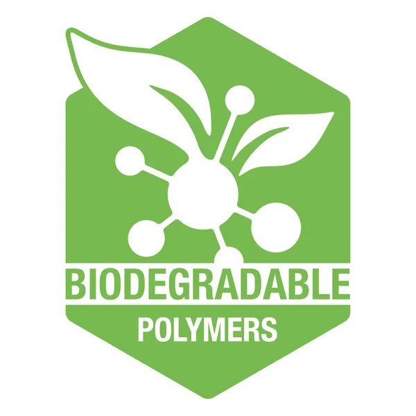 Biodegradable Polymers Emblem Plastic Molecules Turns Plant Branch Eco Friendly — Stock Vector